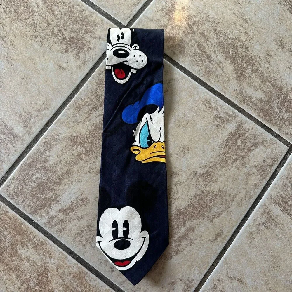 Disney Neck‎ Tie Mickey Goofy Donald Duck Dark Blue Preowned